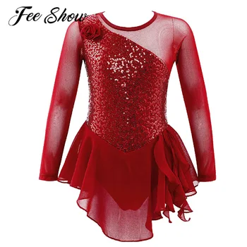Балетное Трико для девочек от 4 до 14 лет, Танцевальная одежда, с длинным рукавом, с блестками, с цветочным декором Спереди, с открытой спиной, Балетное платье-пачка, танцевальное платье Изображение