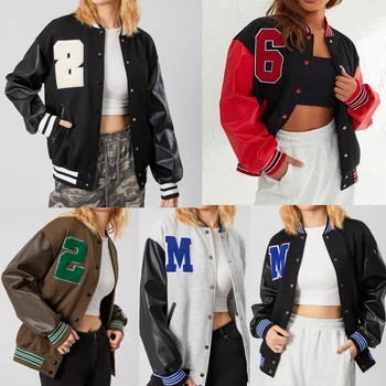 Уличная бейсбольная куртка, осень-зима, новая пара, флисовая утепленная университетская куртка в стиле хип-хоп для женщин, кожаная куртка ropa mujer 방수자켓 Изображение