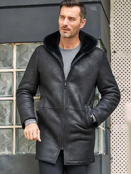 Новая мужская куртка из овечьей шерсти, Длинное Меховое пальто С капюшоном, Шерстяная зимняя верхняя одежда, черное Кожаное пальто Изображение