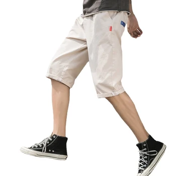 Хлопчатобумажные Летние мужские брюки с закатанным подолом, молодежные повседневные однотонные шорты, Мужские эластичные завязки на веревке, Прямые спортивные брюки 세븐피스팬츠 Изображение
