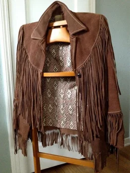 Женская замшевая куртка, Женское весенне-осеннее укороченное пальто в стиле инди-фолк с кисточками, Женские богемные этнические куртки с бахромой и длинными рукавами, коричневый Изображение