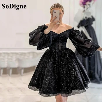 SoDigne Блестящее черное платье трапециевидной формы для выпускного вечера Длиной выше, вечерние платья для танцев с пайетками на бретелях, блестящее вечернее платье Изображение