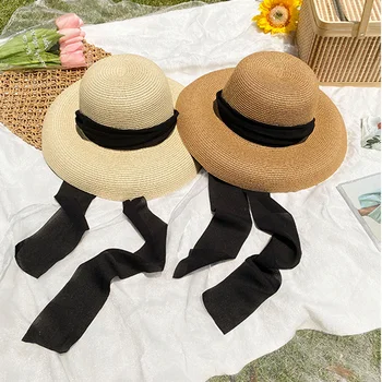 Повседневная Женская Соломенная шляпа с длинными серпантинами с большими полями, Солнцезащитная шляпа для защиты от солнца, Приморская пляжная шляпа Изображение