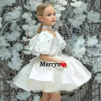 Новое белое платье с цветочным узором для девочек, платье Принцессы для Свадебной вечеринки, Элегантное Вечернее платье из атласа с жемчугом, детское платье для Первого Причастия Изображение