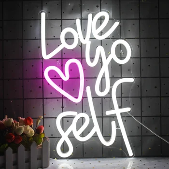 Неоновая вывеска Love Yoself, бело-розовые светодиодные неоновые лампы для декора стен, USB-световые вывески для спальни, дома, гостиной, подарка на день рождения Изображение