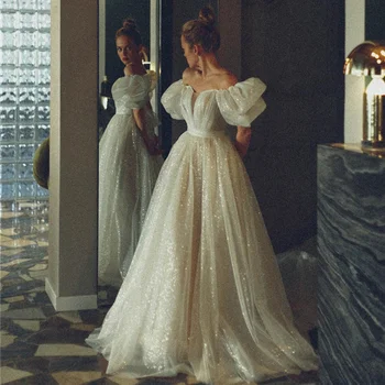 Блестящие Свадебные платья Принцессы с пышными Короткими рукавами, Винтажное платье Невесты 2023, Свадебные платья в стиле Бохо, Robe de Mariee Изображение