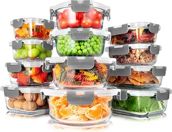 Набор стеклянных контейнеров для хранения пищевых продуктов из 24 предметов, от 11 до 35 унций Вместимость, серый Изображение