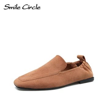Женские лоферы Smile Circle из натуральной замши, туфли на плоской подошве без застежки с квадратным носком, модная удобная женская повседневная обувь Изображение