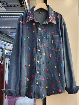 Модный Дизайн, Изысканная Свободная Джинсовая рубашка со стразами, Женская Весенняя новинка 2023, Универсальная Однобортная Блузка с длинным рукавом Изображение