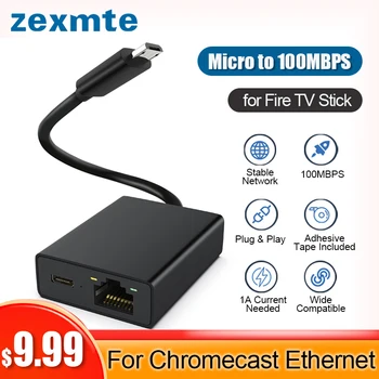 Сетевой адаптер Zexmte Ethernet для Fire TV Stick Chrome Cast Chromecast Audio от Micro до 100 Мбит/с Сетевая карта для Коммутатора Google Ethernet Изображение