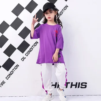 Летняя одежда в стиле хип-хоп для девочек, детский костюм в стиле хип-хоп, модная свободная одежда в стиле хип-хоп с коротким рукавом для мальчиков 61 года, одежда для выступлений Изображение