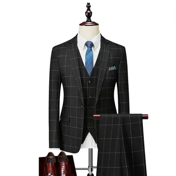 Модный мужской деловой клетчатый костюм, комплект из 3 предметов, Черный, серый, приталенный Смокинг, Блейзеры, Классические свадебные костюмы для мужчин, Размер S - 4XL Изображение