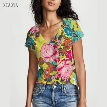 Летняя Сексуальная женская футболка с V-образным вырезом, обычные уличные футболки с красивым принтом, короткий рукав, Модная Женская футболка с цветочным рисунком, повседневный топ Изображение