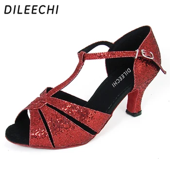 DILEECHI/ Красные туфли для латиноамериканских танцев с блестками, женская профессиональная обувь для бальных танцев, обувь для сальсы, обувь для самбы, 6 см Изображение