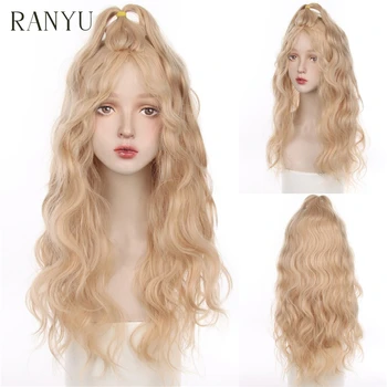 RANYU Блонд, Длинный Вьющийся Синтетический парик для женщин, Парики в стиле Лолиты для Косплея, с Челкой, Термостойкие Изображение