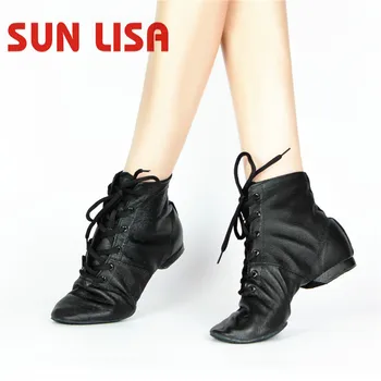 SUN LISA/ Женские Туфли для Джазовых Танцев из свиной Кожи, Джазовые Танцевальные туфли, черные Изображение