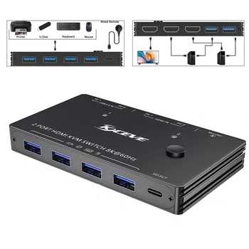 2 ПК совместно используют 1 монитор и 4 устройства USB3.0 USB-концентратор 8k @ 60Hz Многофункциональный 2 В 1 с 2 портами HDMI KVM-коммутатор, адаптер-разветвитель Изображение