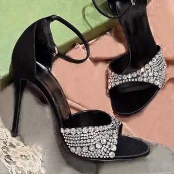 Шелковые сандалии с открытым носком из блестящего горного Хрусталя, женские туфли на высоком каблуке-шпильке с двойным ремешком, украшенные кристаллами, Вечерние туфли во французском стиле Изображение