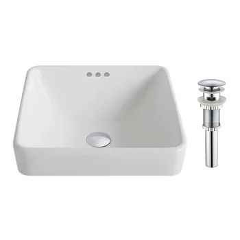 Квадратная керамическая раковина для ванной комнаты KRAUS серии Elavo ™ белого цвета с переливом и всплывающим сливом из хрома Изображение
