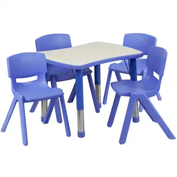 Прямоугольный синий пластиковый стол для занятий с регулируемой высотой и 4 стульями Изображение
