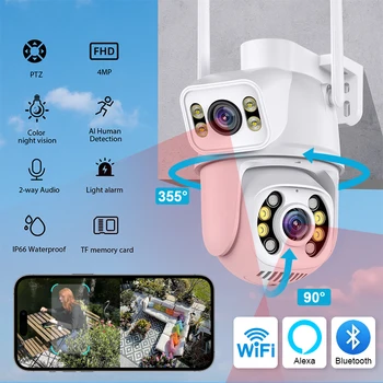 Камера 4K WiFi с двойным объективом и двойным экраном Ai Human Detect Автоматическое отслеживание Беспроводная камера наружного наблюдения Поддерживает NETIP Изображение