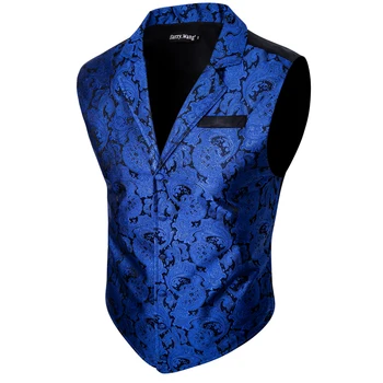 Синий мужской однобортный шелковый жилет с пестрым воротником, новое поступление, осенний мужской костюм без рукавов, жилет Barry.Дизайнер Wang Изображение