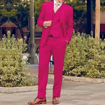 2022 Новейший дизайн, Розовые приталенные свадебные костюмы для мужчин, 3 предмета, Элегантные Деловые Повседневные комплекты Блейзеров с вырезами на лацканах, Куртка, Жилет, Брюки Изображение