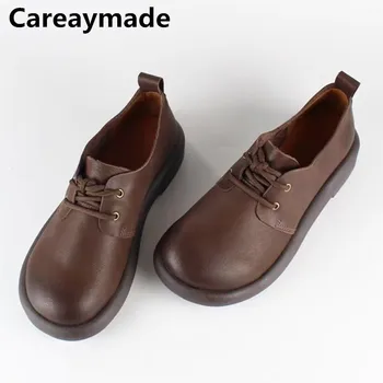 Careaymade-Женская обувь в стиле ретро из натуральной кожи, Удобная Повседневная обувь на шнуровке, Женские тонкие туфли-Оксфорды ручной работы на мягкой подошве Изображение
