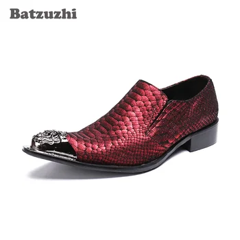 Batzuzhi/Красные мужские свадебные модельные туфли в Итальянском стиле; Мужские кожаные туфли с острым металлическим носком из Змеиной кожи; деловые и вечерние туфли! 38-46 Изображение