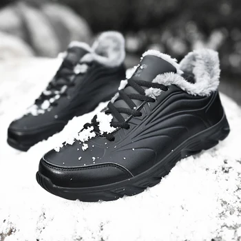 Зимние мужские кроссовки для бега большого размера, плюшевые удобные мужские кроссовки, черные универсальные мужские спортивные туфли, противоскользящие для улицы Изображение